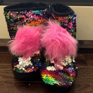 Rainbow Sequin and Pink Fur Slippers Justice size 12